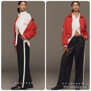 NWT new large Anthropologie Maeve faux leather track pants wide leg black stripe